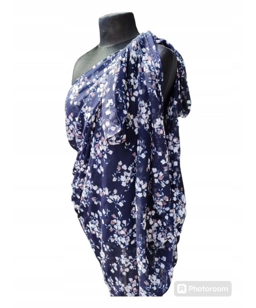 Duża chusta plażowa - eleganckie PAREO XXL szyfon białe kwiatuszki